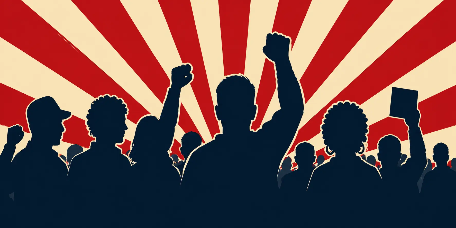 Silhouetted crowd raising fists in front of red and cream campaign rays