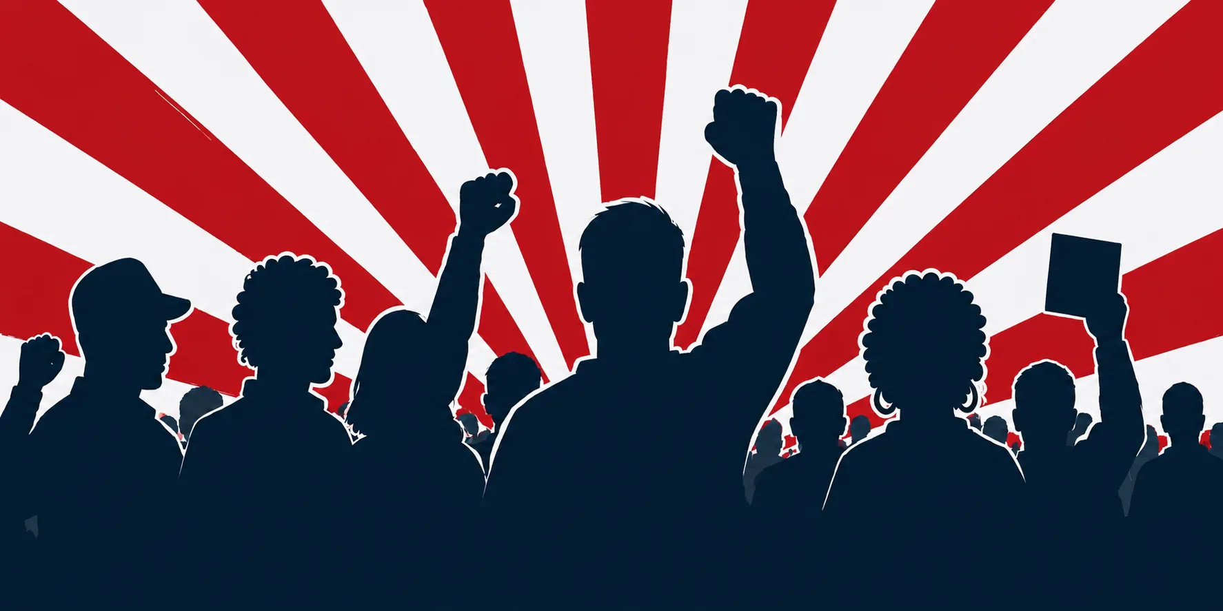 Silhouetted crowd raising fists in front of red and cream campaign rays